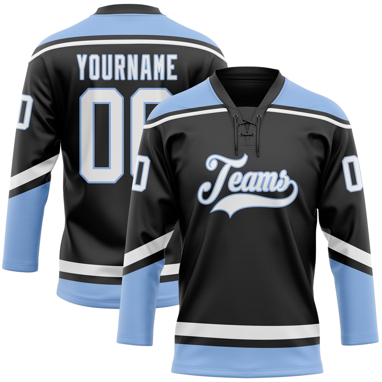 Custom Black White-Light Blue Hockey Lace Neck Jersey - Main View