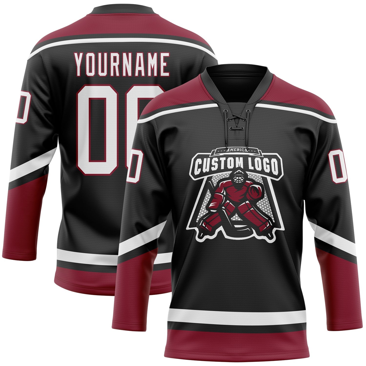 Custom Black White-Crimson Hockey Lace Neck Jersey view 2