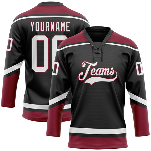 Custom Black White-Crimson Hockey Lace Neck Jersey - Main View