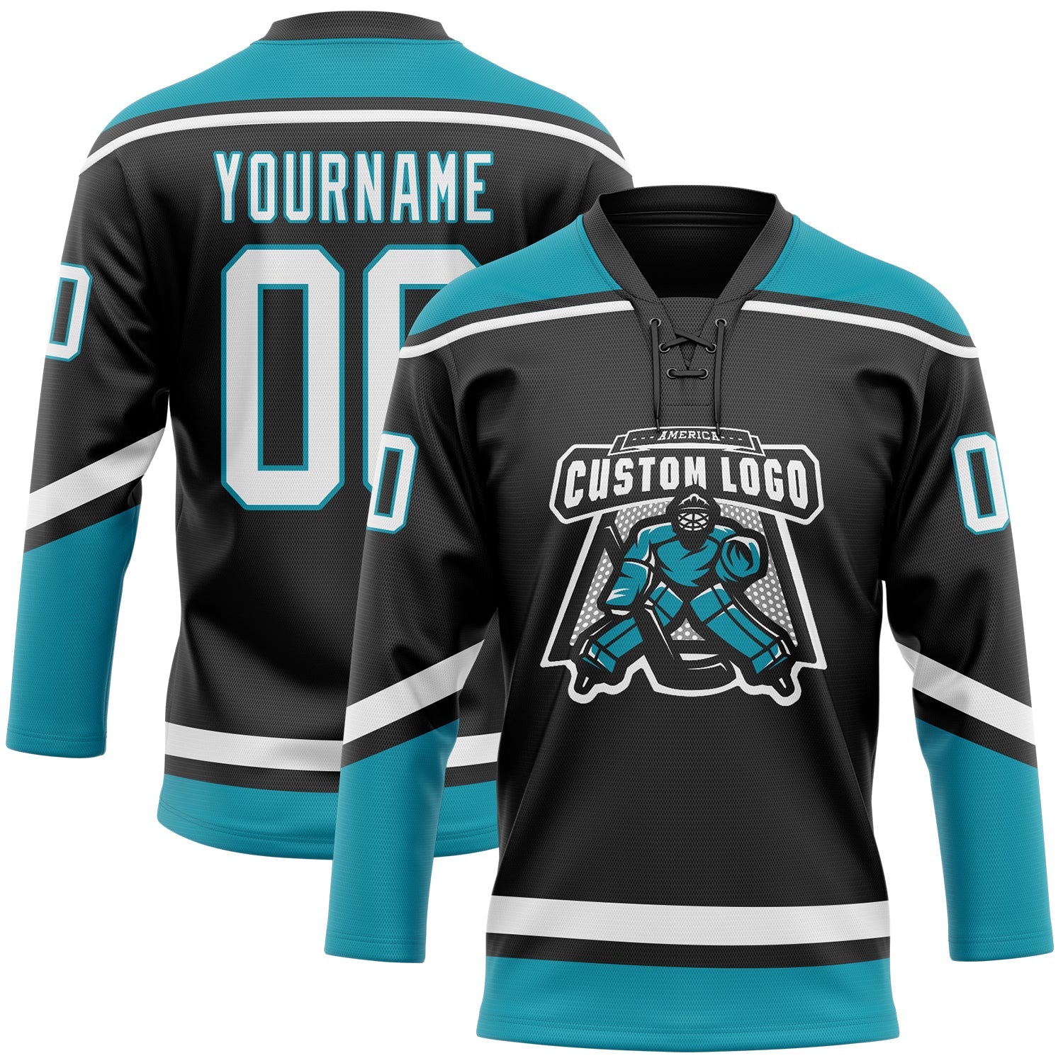 Custom Black White-Teal Hockey Lace Neck Jersey view 2