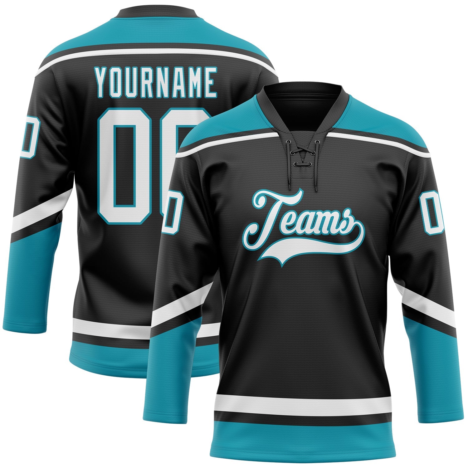 Custom Black White-Teal Hockey Lace Neck Jersey - Main View