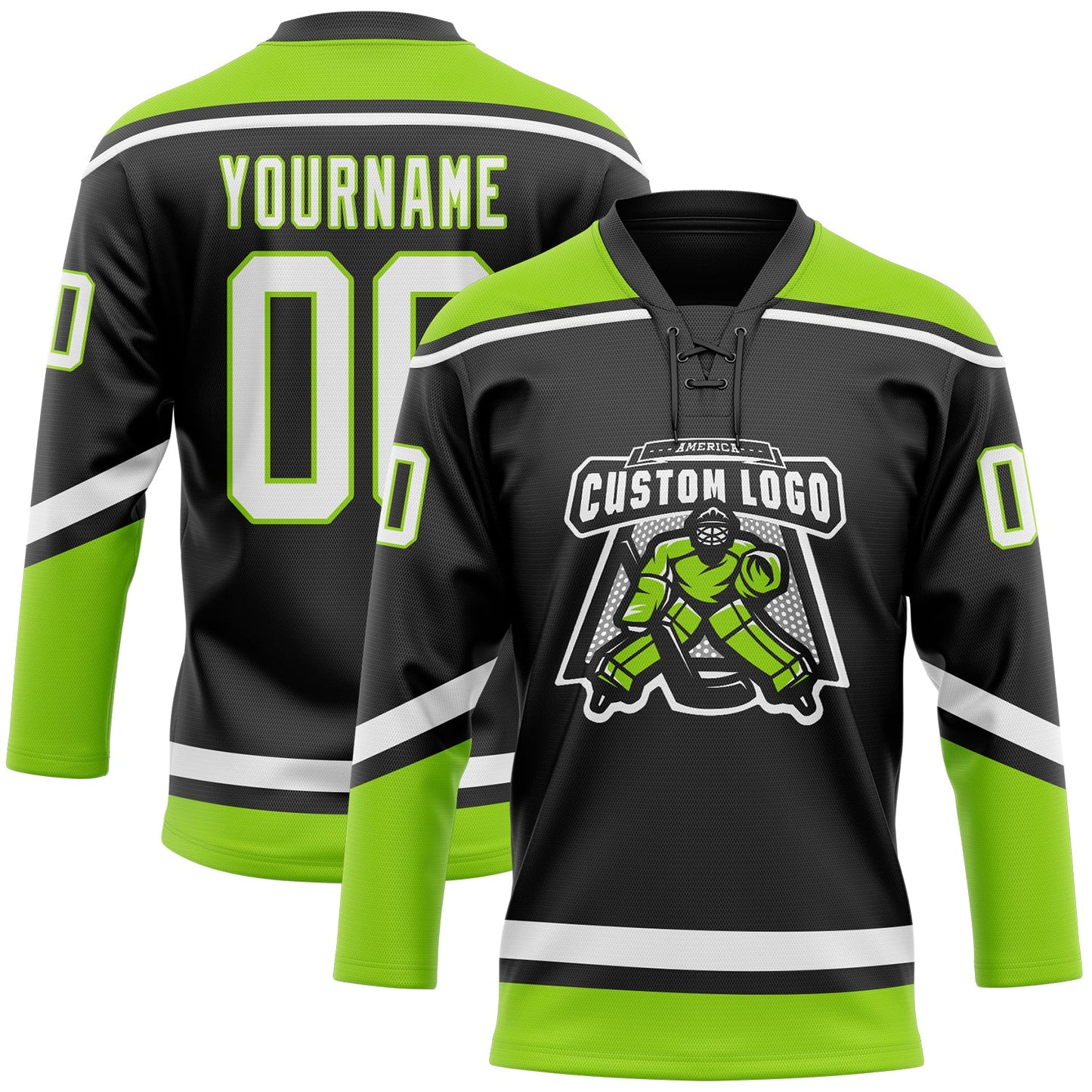 Custom Black White-Neon Green Hockey Lace Neck Jersey view 2