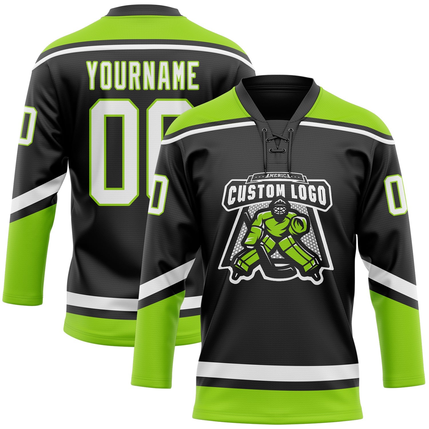 Custom Black White-Neon Green Hockey Lace Neck Jersey view 2
