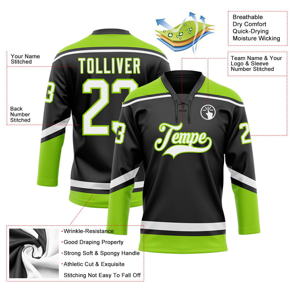 Custom Black White-Neon Green Hockey Lace Neck Jersey view 3