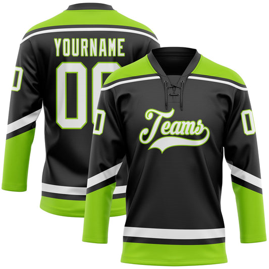 Custom Black White-Neon Green Hockey Lace Neck Jersey - Main View