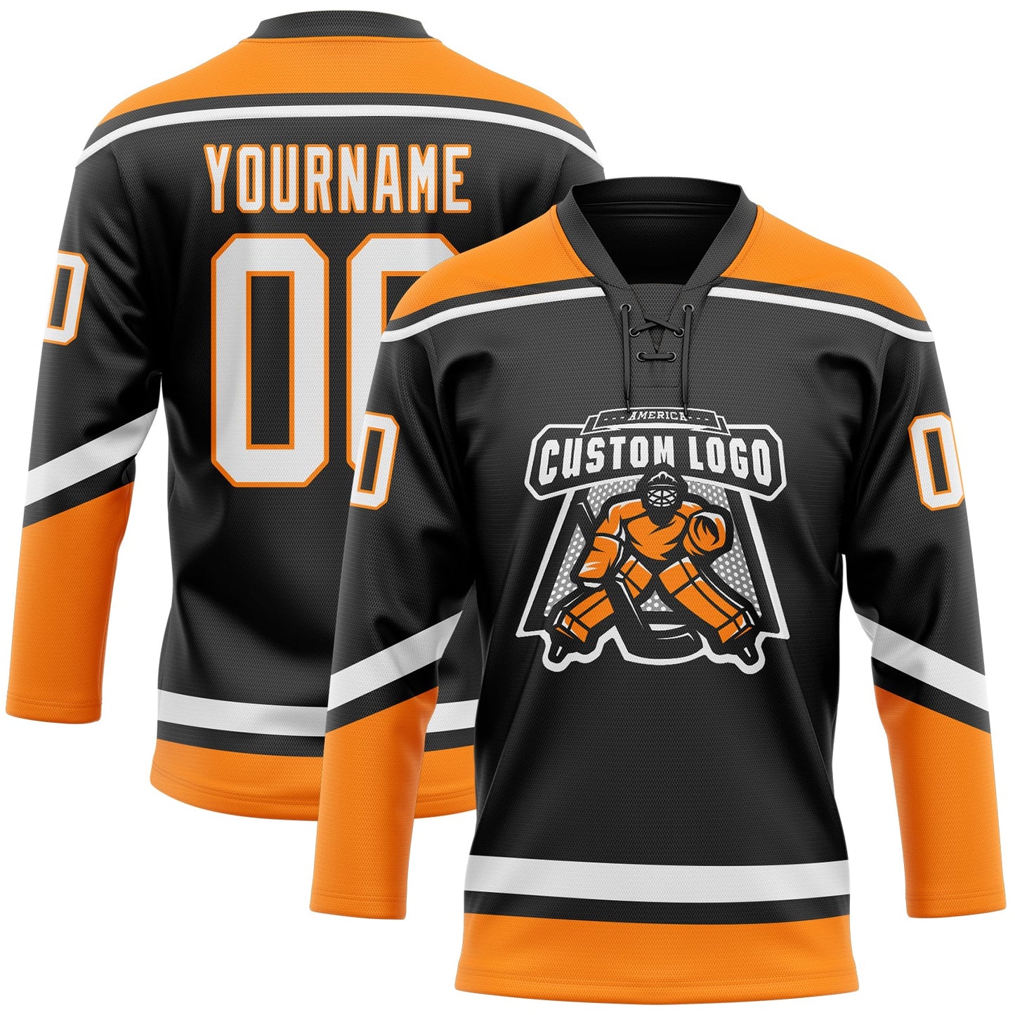 Custom Black White-Bay Orange Hockey Lace Neck Jersey view 2