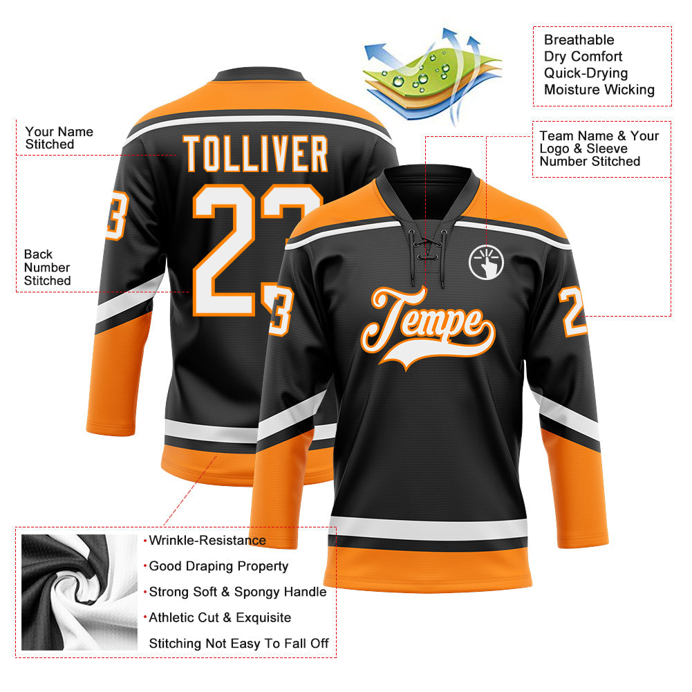Custom Black White-Bay Orange Hockey Lace Neck Jersey view 3