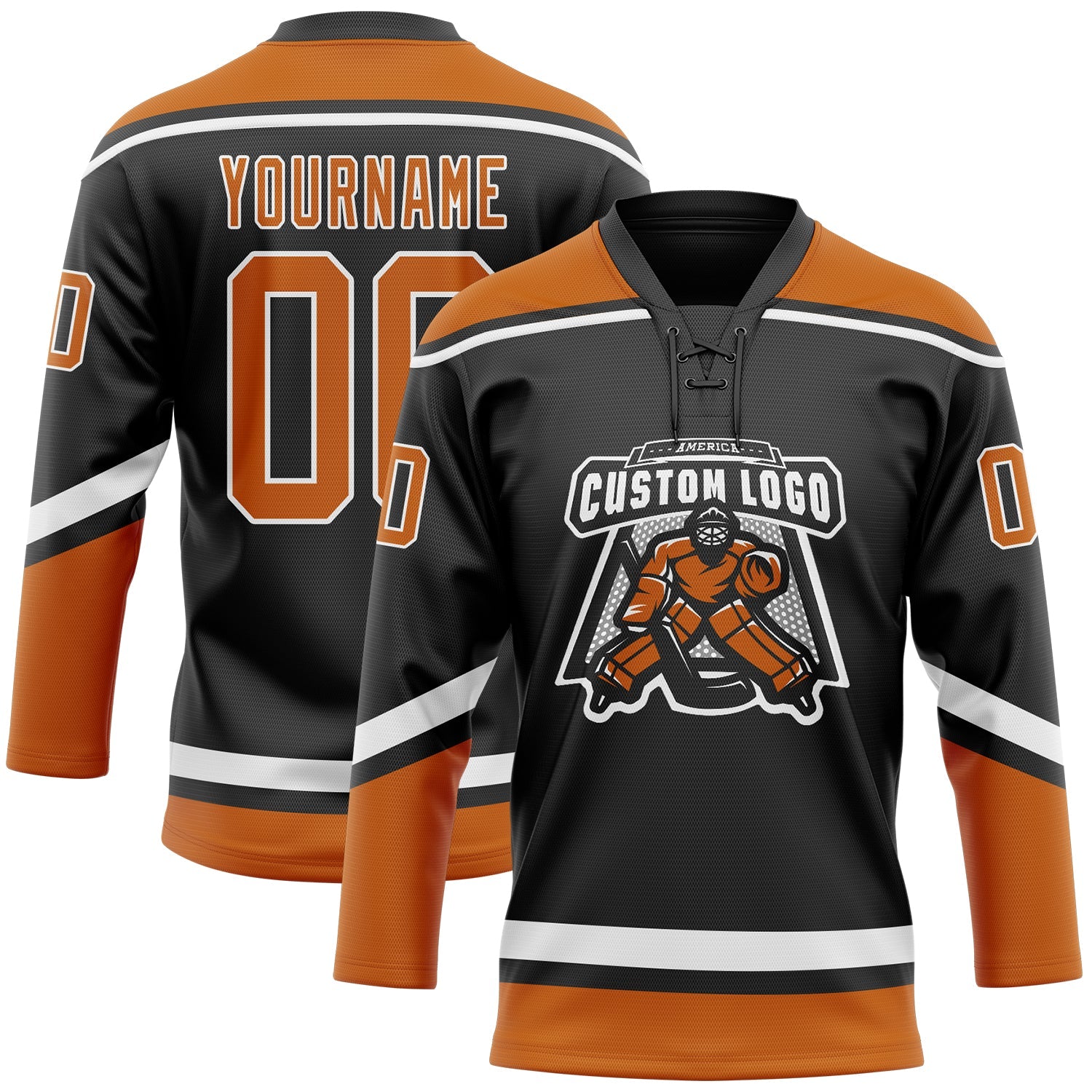 Custom Black Texas Orange-White Hockey Lace Neck Jersey view 2