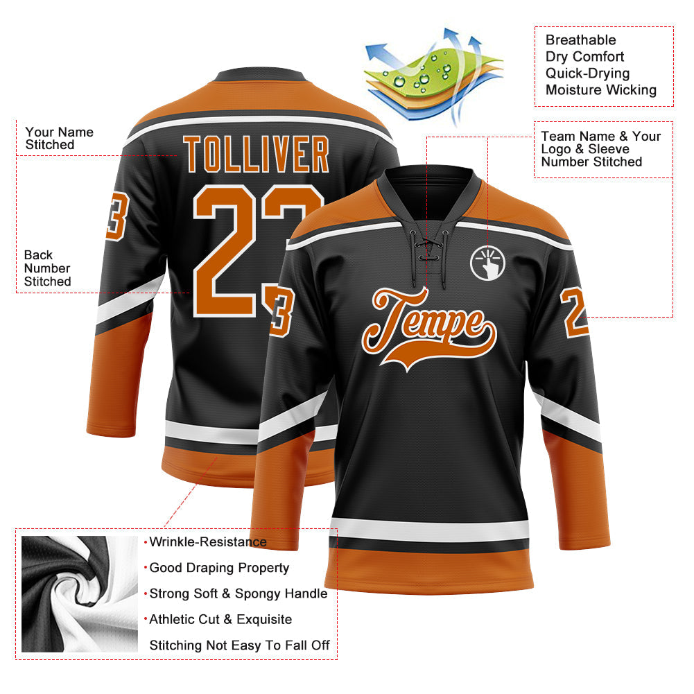 Custom Black Texas Orange-White Hockey Lace Neck Jersey view 3