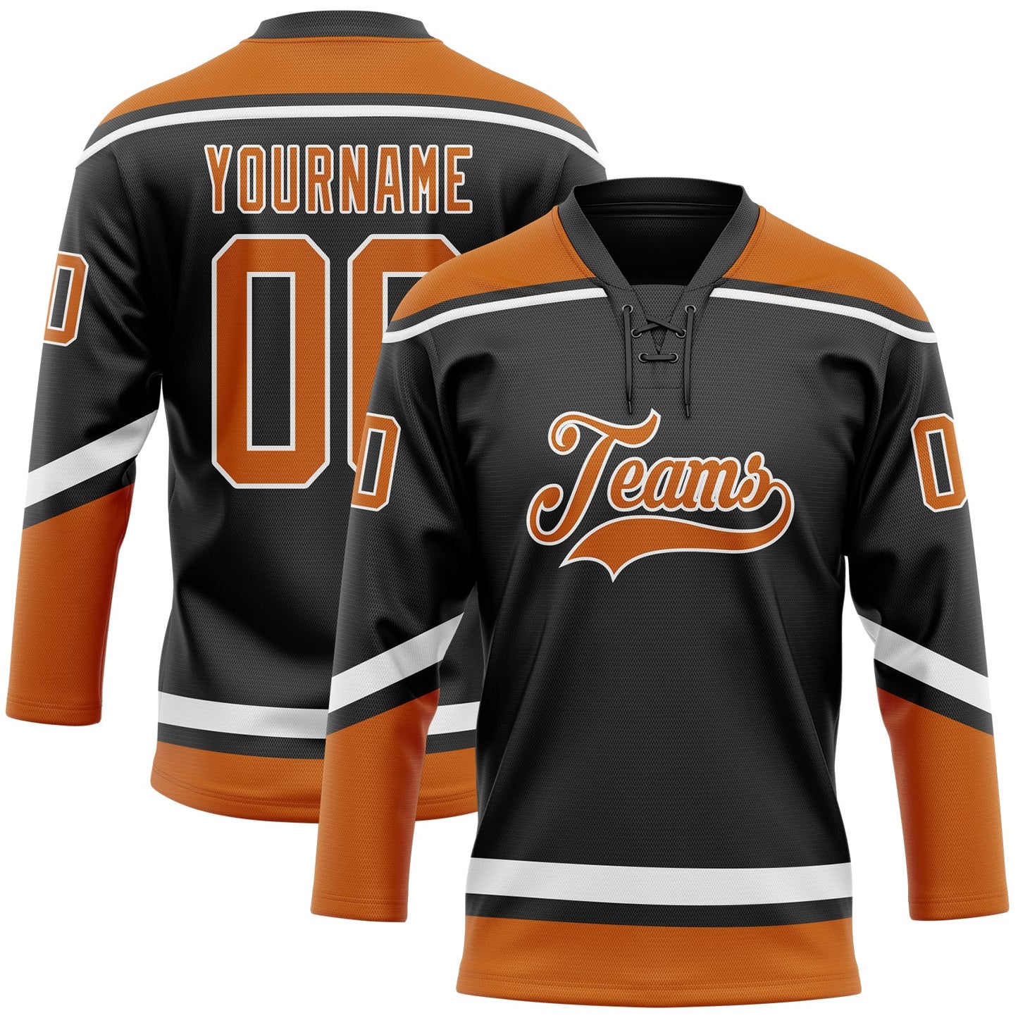Custom Black Texas Orange-White Hockey Lace Neck Jersey - Main View