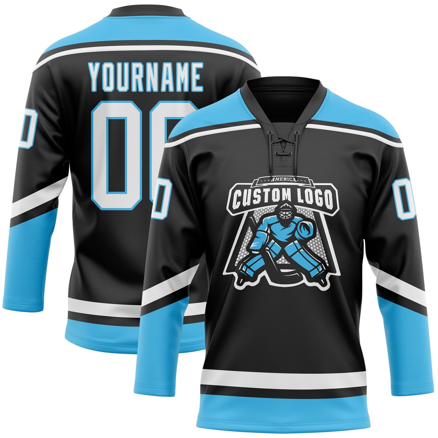 Custom Black White-Sky Blue Hockey Lace Neck Jersey view 2