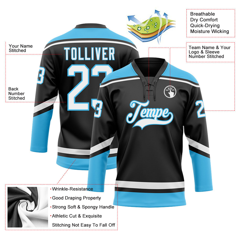 Custom Black White-Sky Blue Hockey Lace Neck Jersey view 3