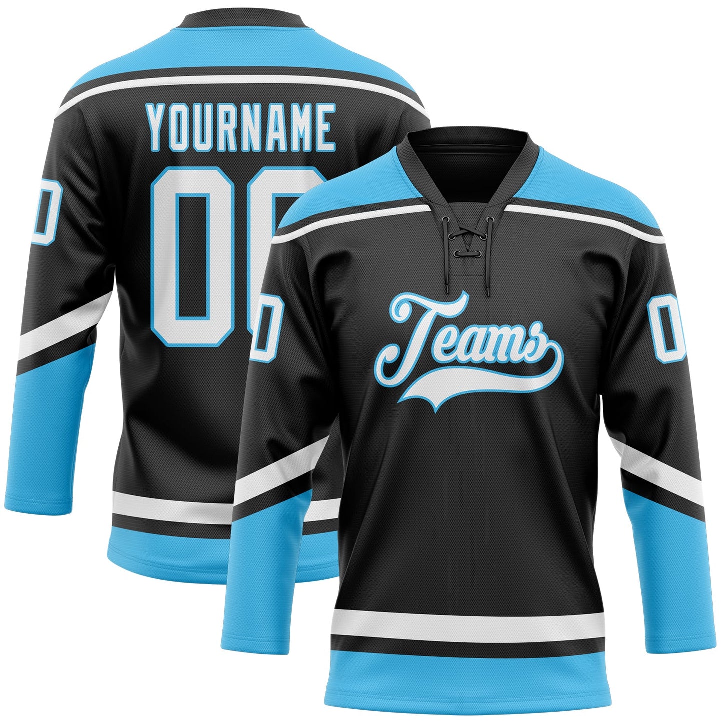 Custom Black White-Sky Blue Hockey Lace Neck Jersey - Main View