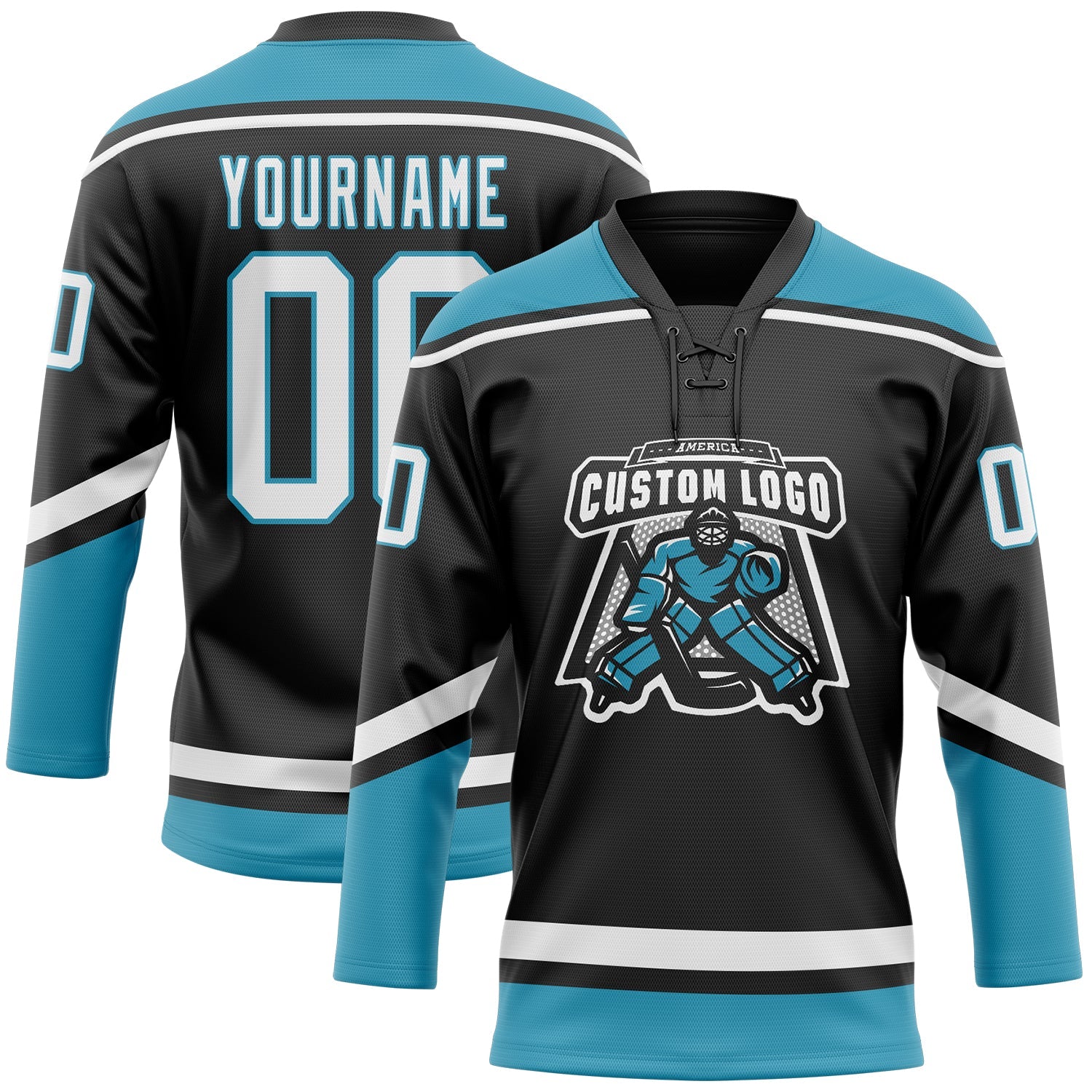 Custom Black White-Panther Blue Hockey Lace Neck Jersey view 2