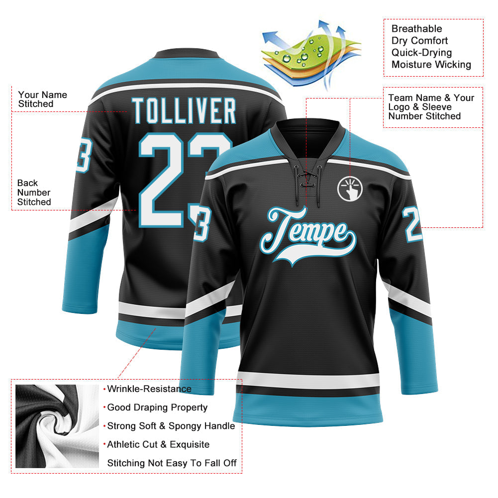 Custom Black White-Panther Blue Hockey Lace Neck Jersey view 3