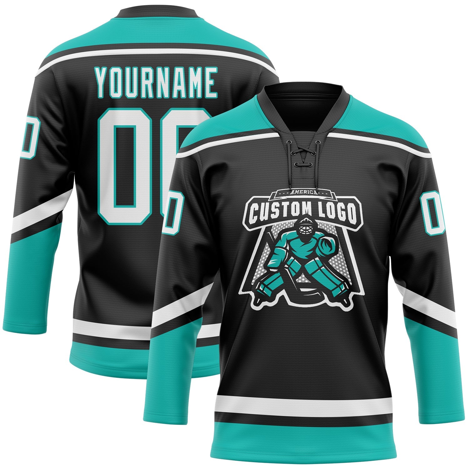 Custom Black White-Aqua Hockey Lace Neck Jersey view 2
