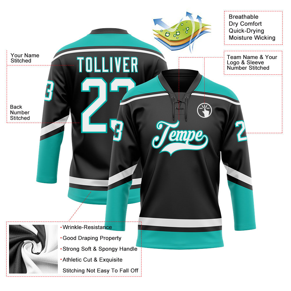 Custom Black White-Aqua Hockey Lace Neck Jersey view 3
