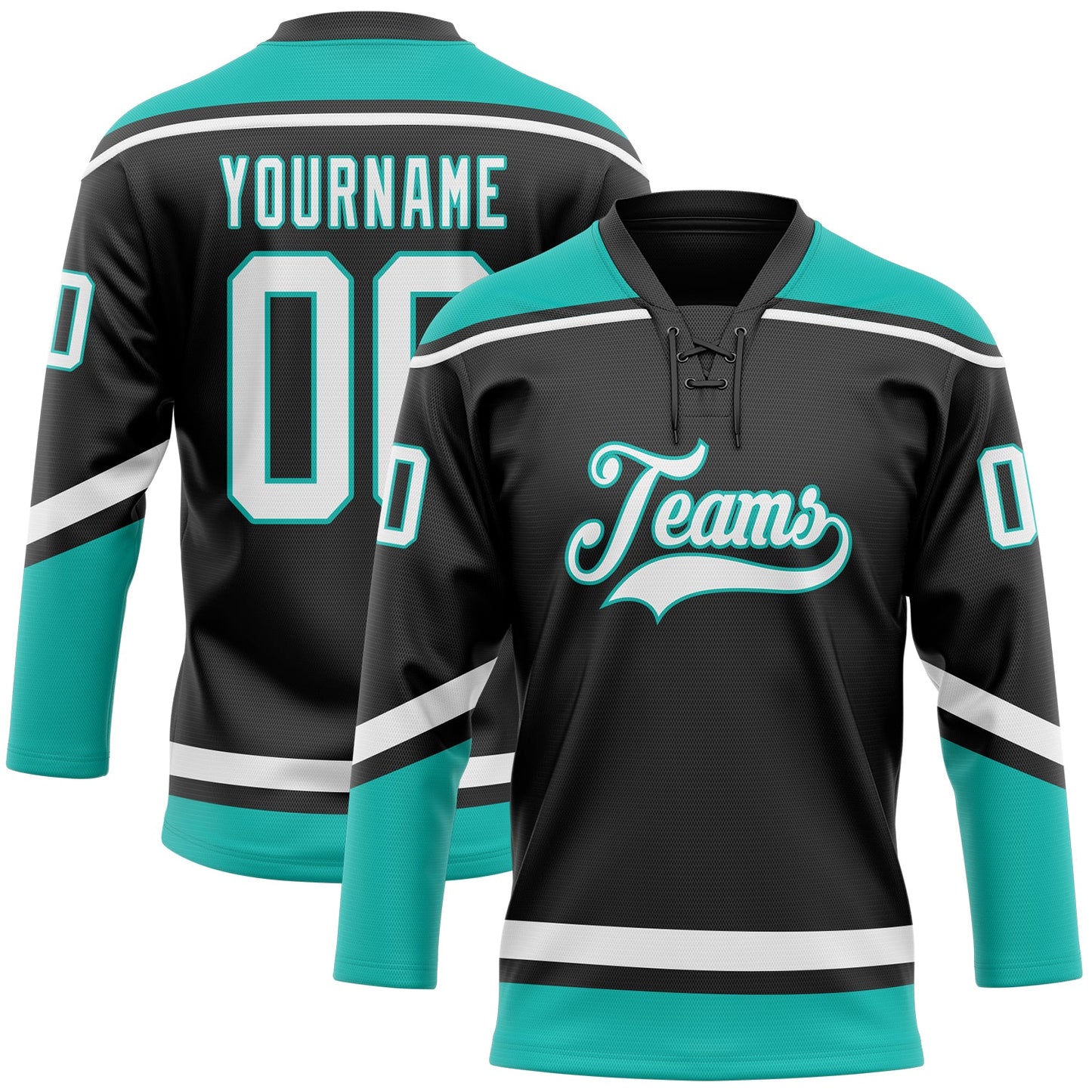 Custom Black White-Aqua Hockey Lace Neck Jersey - Main View