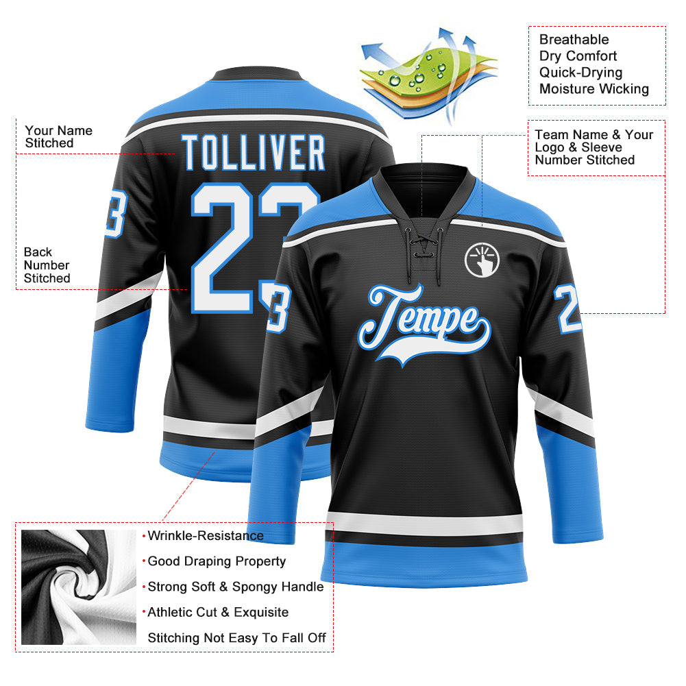 Custom Black White-Powder Blue Hockey Lace Neck Jersey view 3