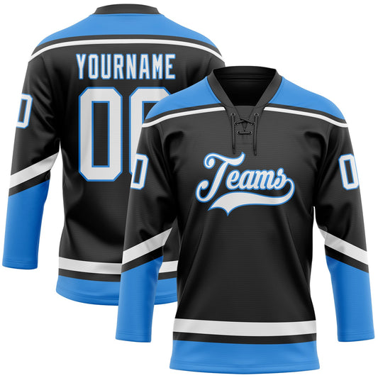 Custom Black White-Powder Blue Hockey Lace Neck Jersey - Main View