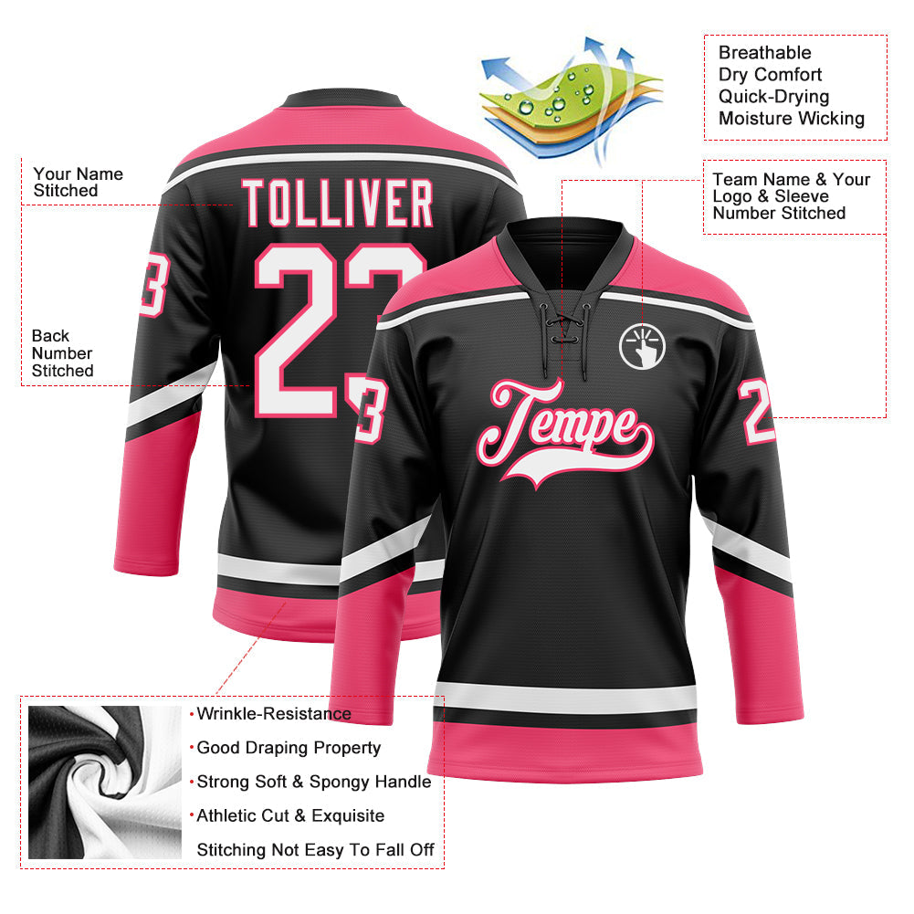 Custom Black White-Neon Pink Hockey Lace Neck Jersey view 3