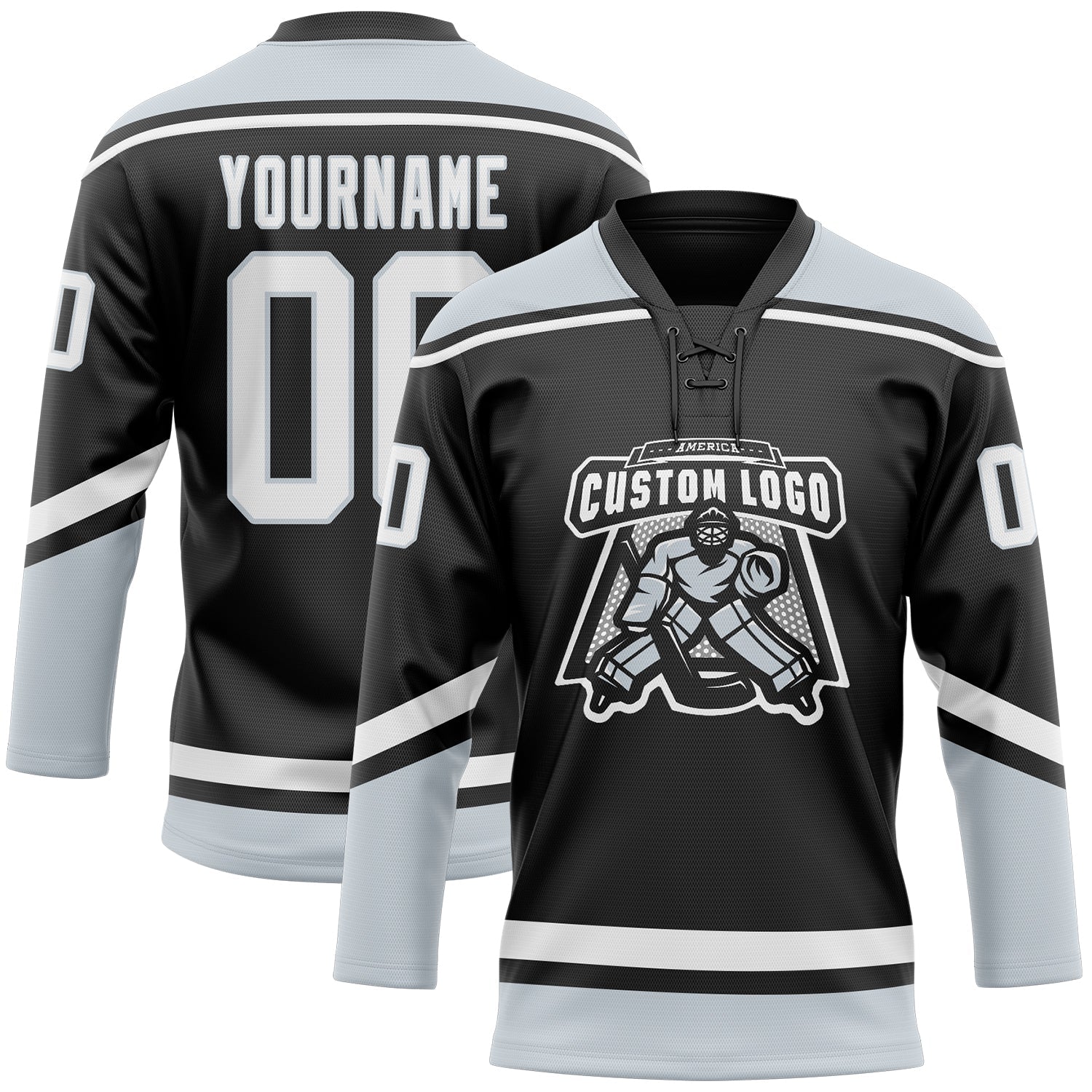 Custom Black White-Silver Hockey Lace Neck Jersey view 3