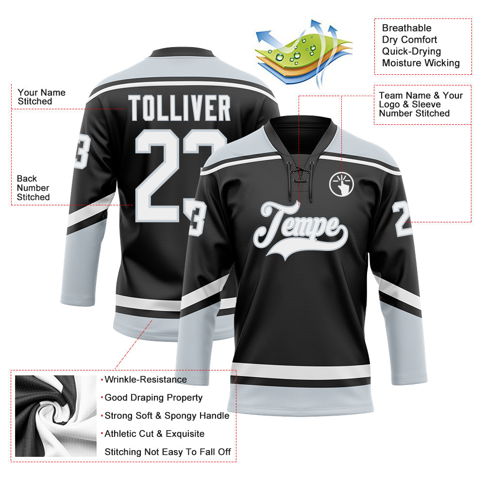 Custom Black White-Silver Hockey Lace Neck Jersey view 4