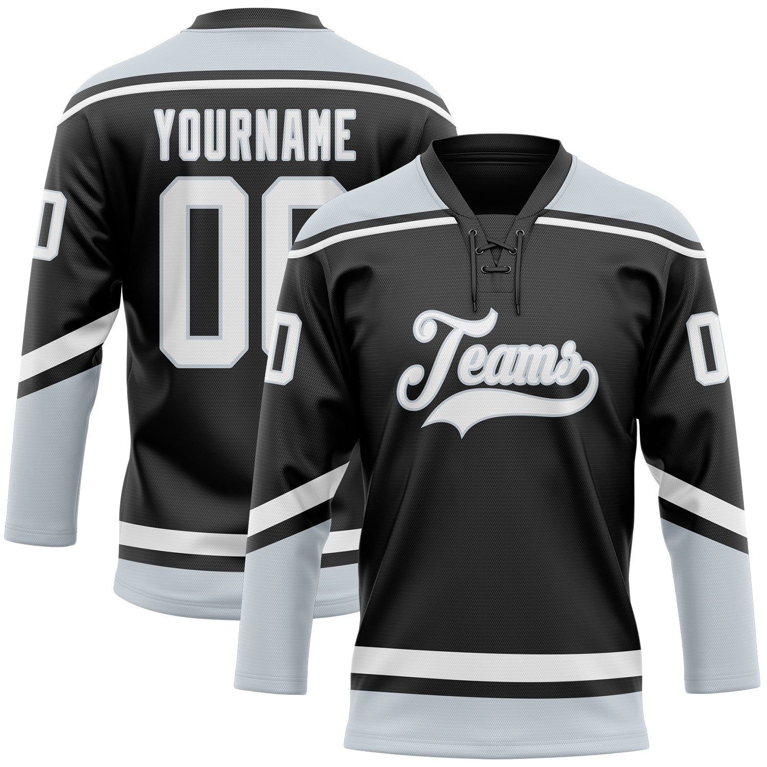 Custom Black White-Silver Hockey Lace Neck Jersey - Main View