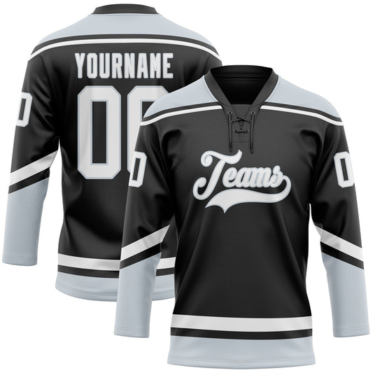 Custom Black White-Silver Hockey Lace Neck Jersey - Main View