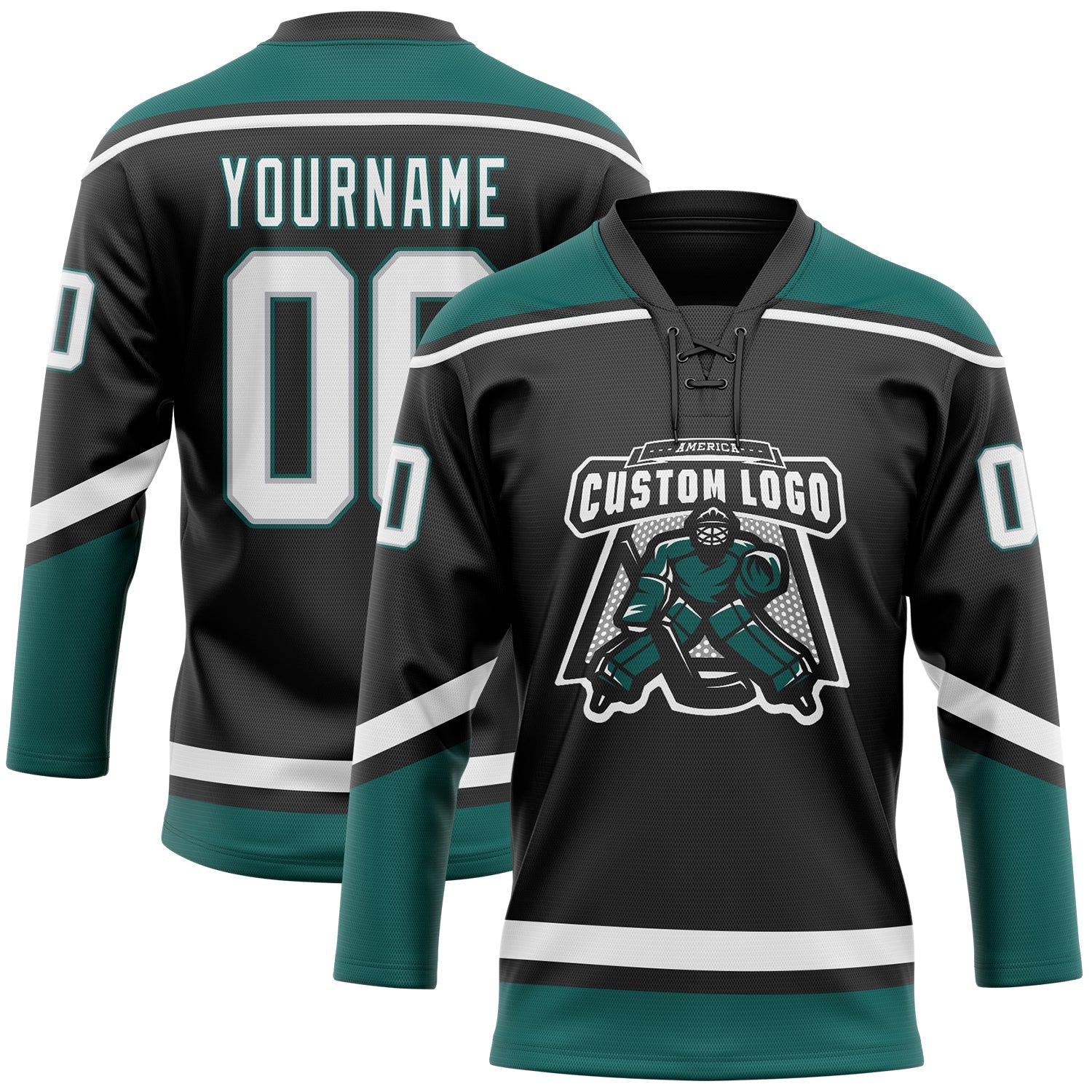 Custom Black White Gray-Midnight Green Hockey Lace Neck Jersey view 2