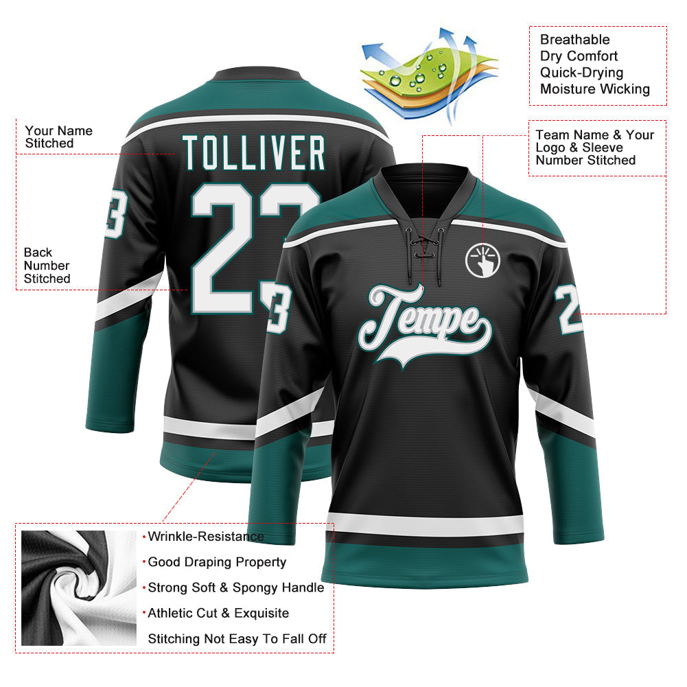Custom Black White Gray-Midnight Green Hockey Lace Neck Jersey view 3