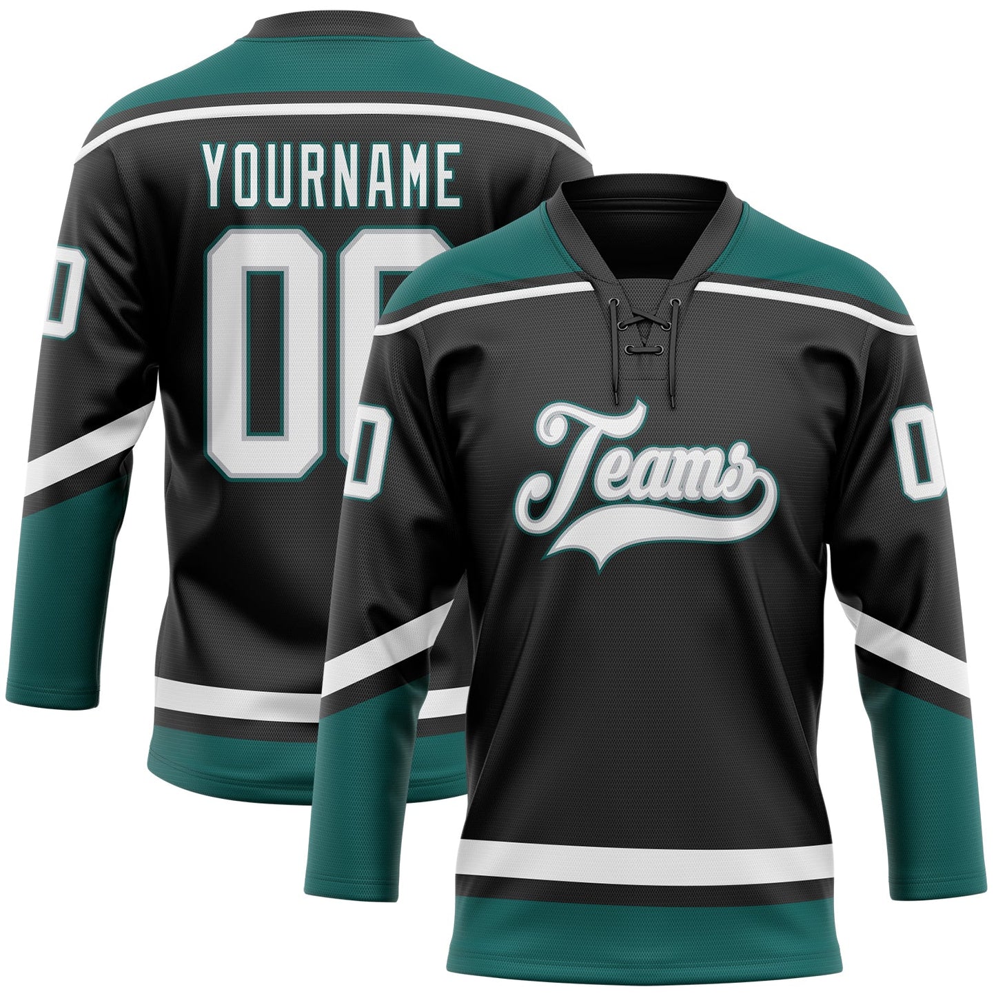 Custom Black White Gray-Midnight Green Hockey Lace Neck Jersey - Main View