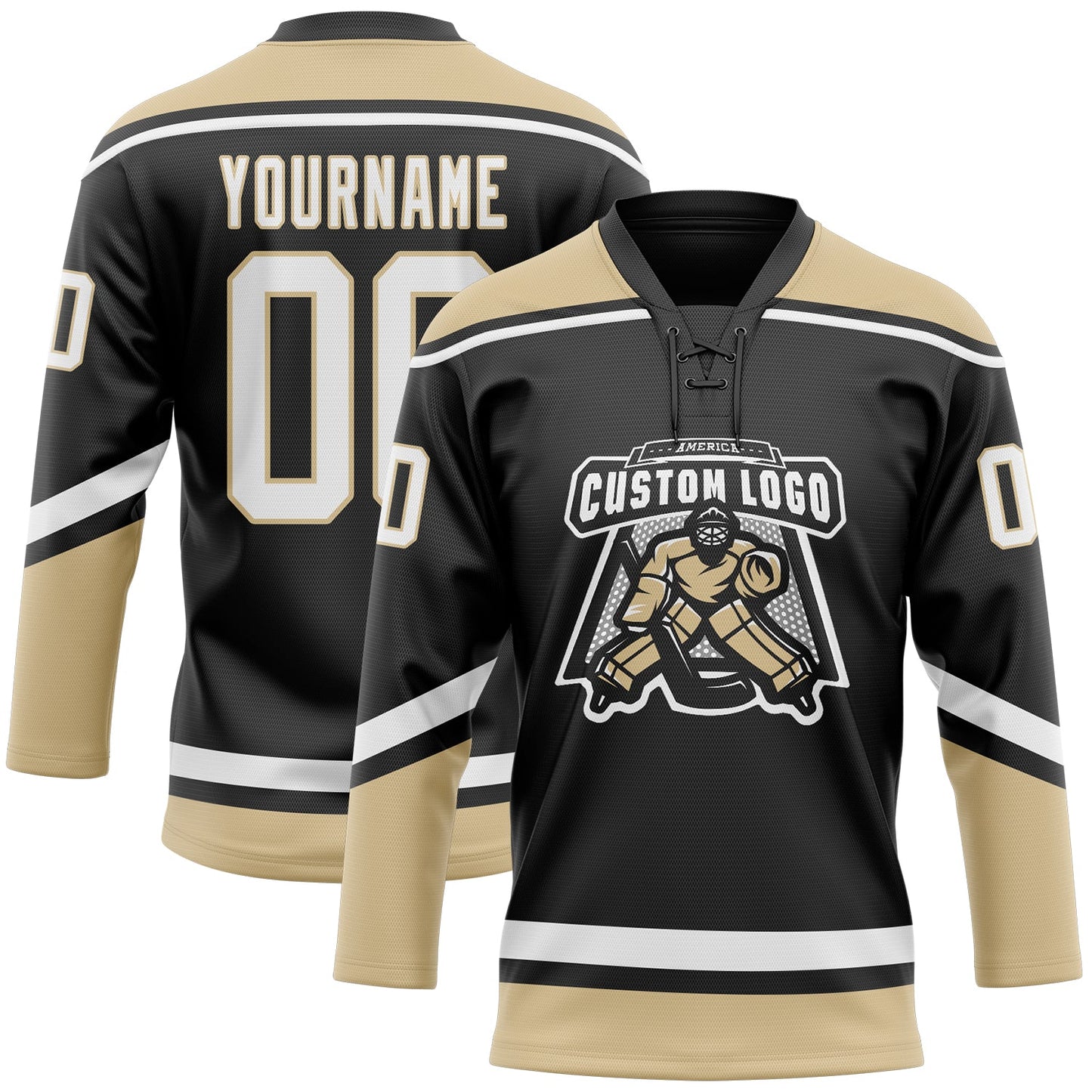 Custom Black White-Old Gold Hockey Lace Neck Jersey view 2