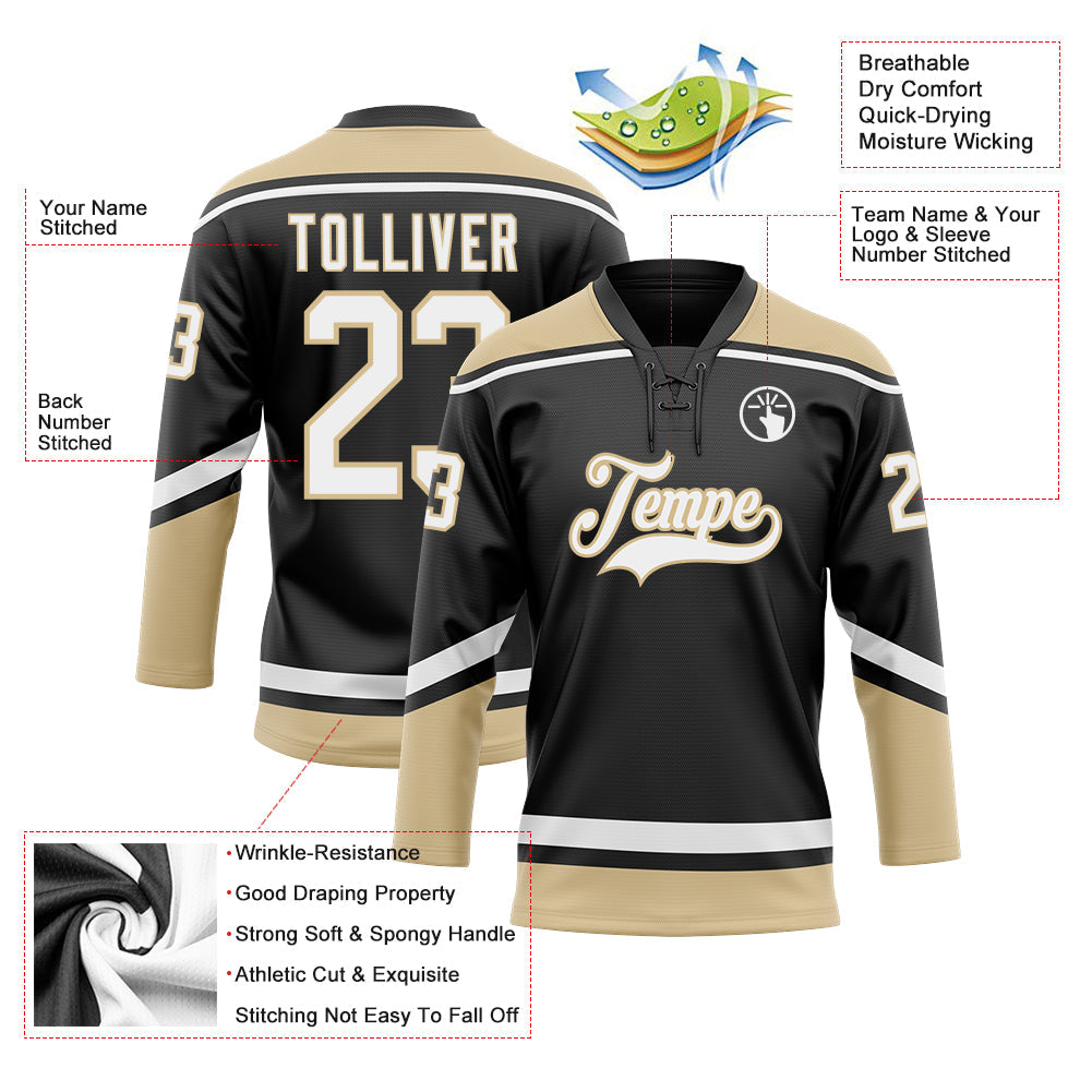 Custom Black White-Old Gold Hockey Lace Neck Jersey view 3
