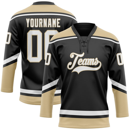 Custom Black White-Old Gold Hockey Lace Neck Jersey - Main View