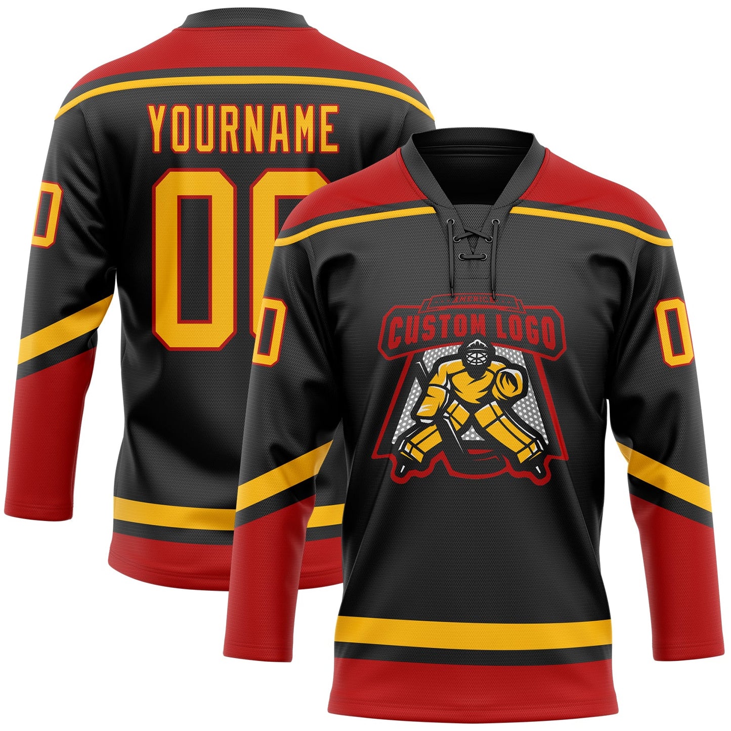 Custom Black Gold-Red Hockey Lace Neck Jersey view 2