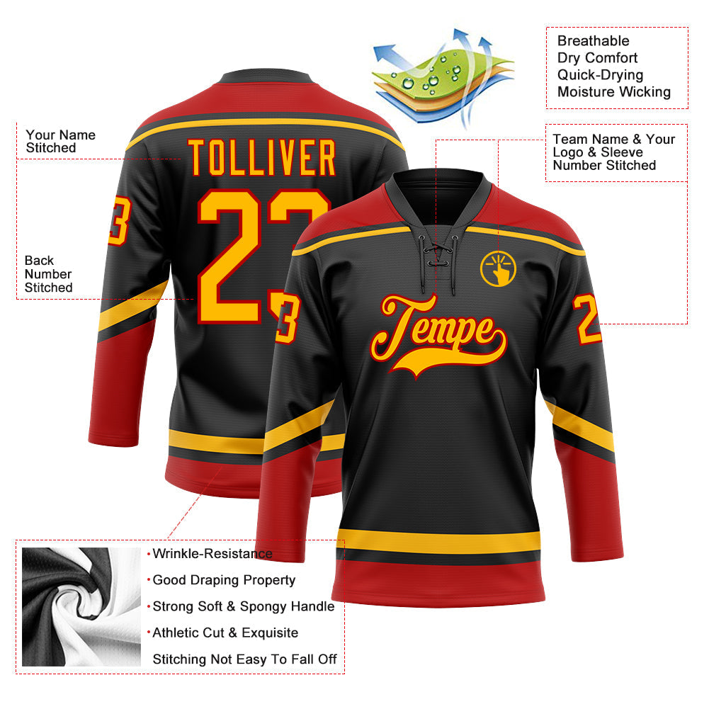 Custom Black Gold-Red Hockey Lace Neck Jersey view 3