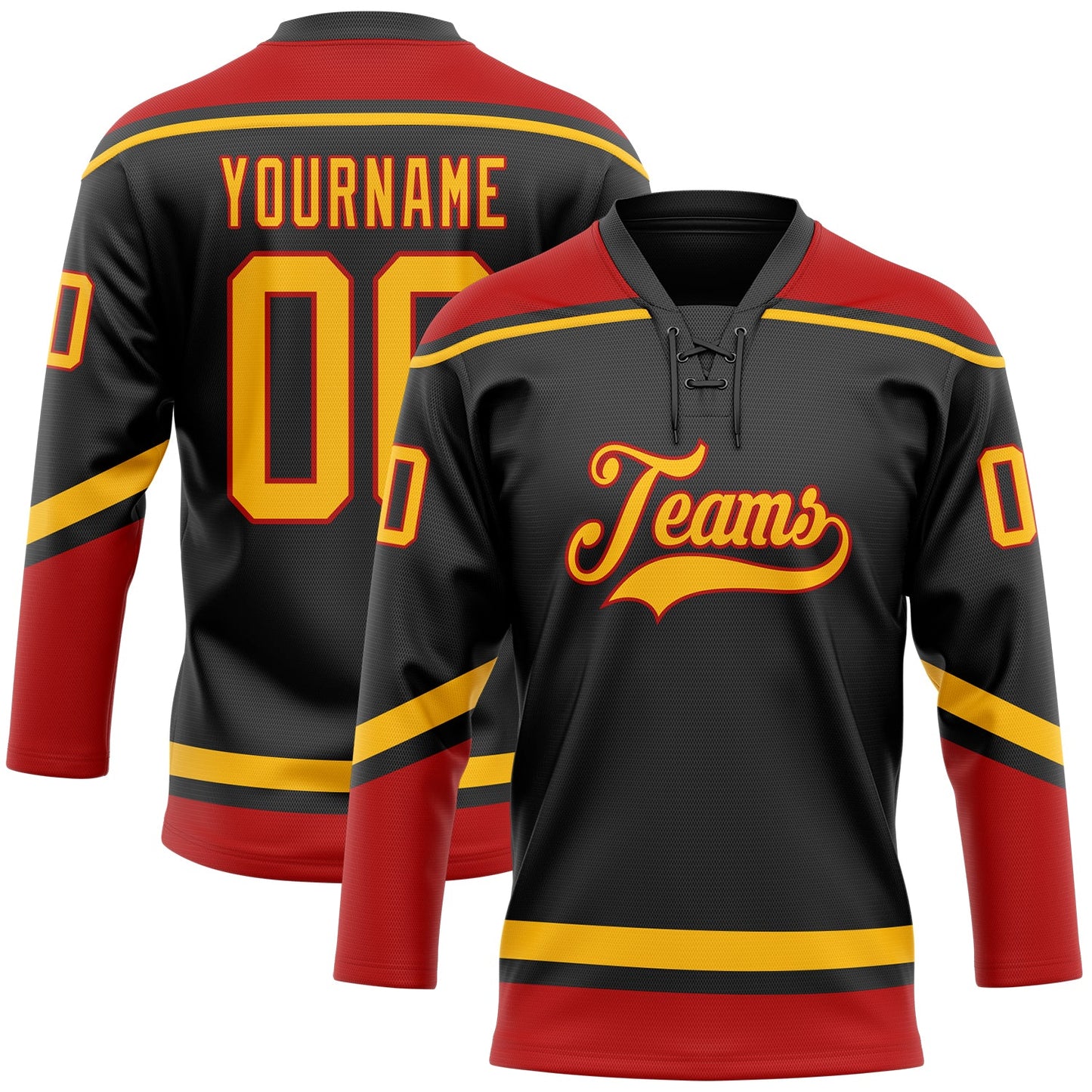 Custom Black Gold-Red Hockey Lace Neck Jersey - Main View