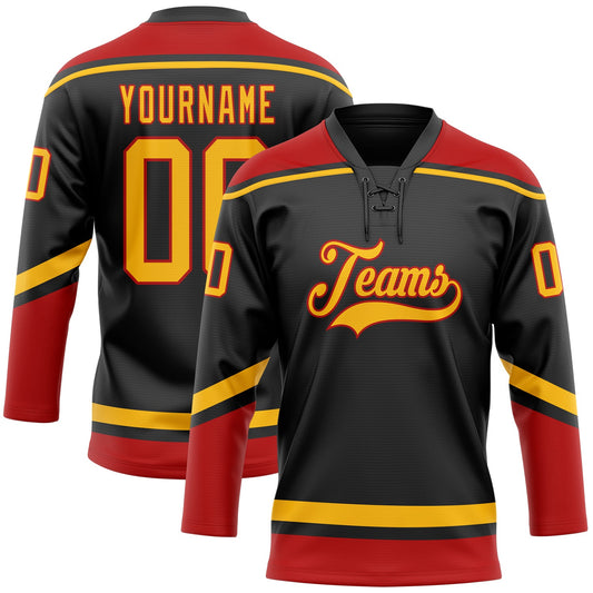 Custom Black Gold-Red Hockey Lace Neck Jersey - Main View