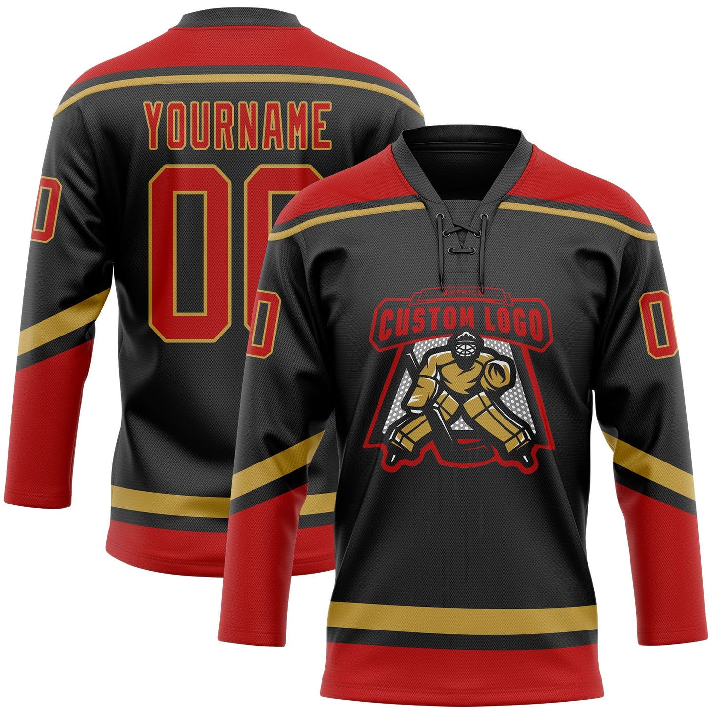 Custom Black Red-Old Gold Hockey Lace Neck Jersey view 2