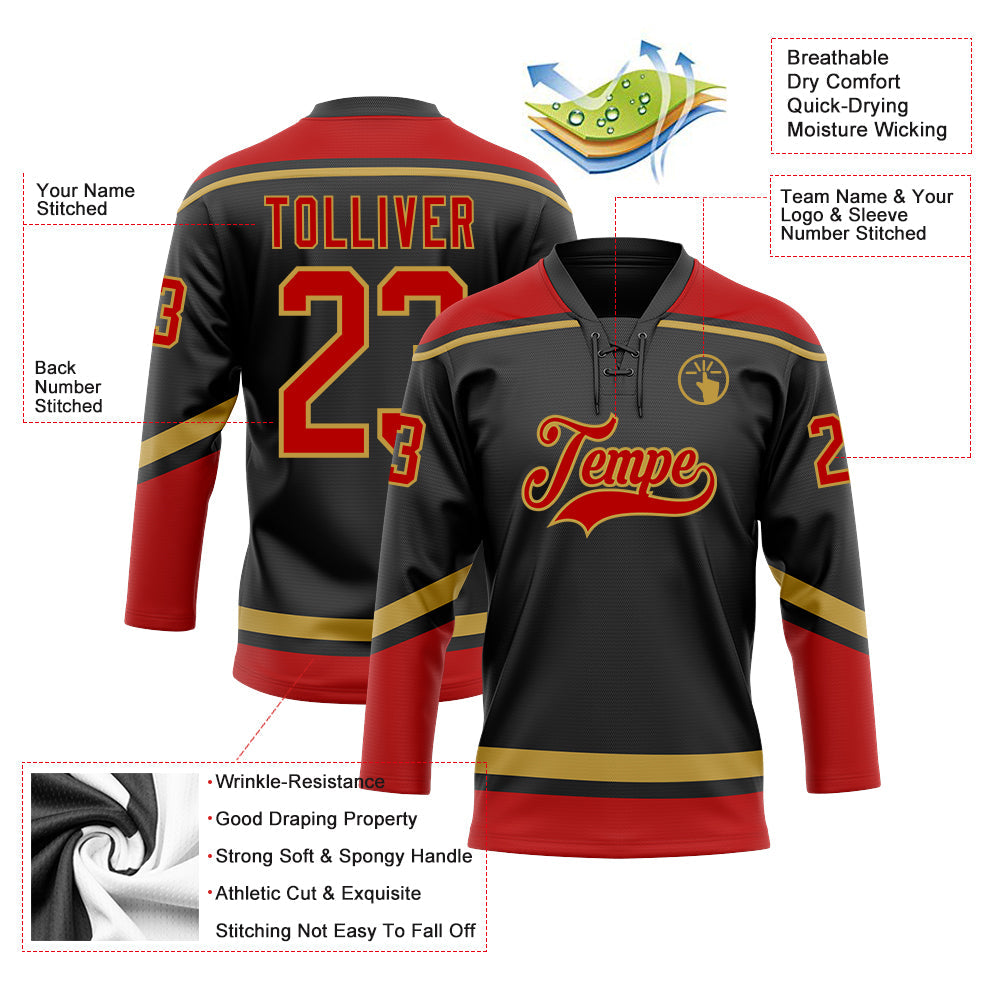 Custom Black Red-Old Gold Hockey Lace Neck Jersey view 3