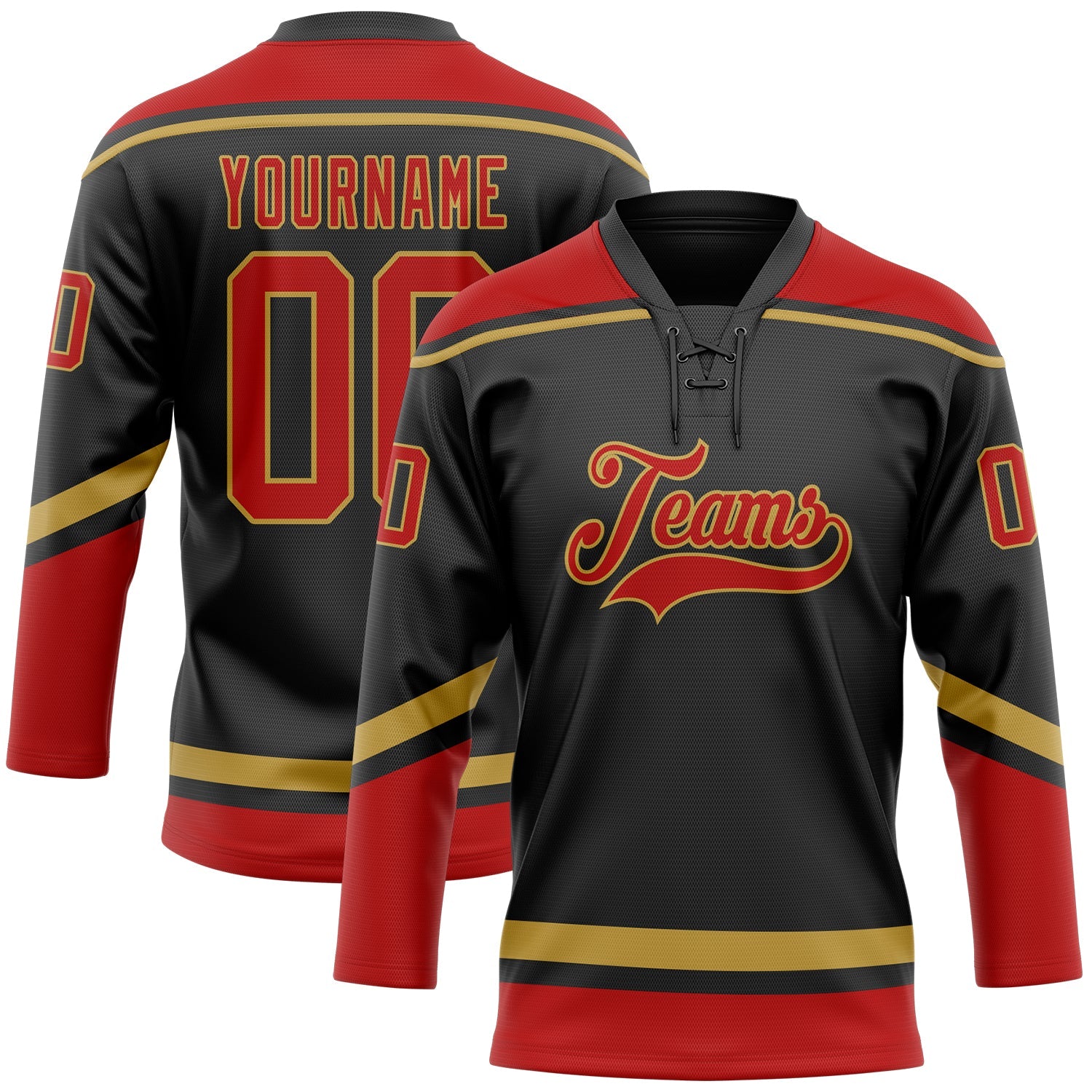 Custom Black Red-Old Gold Hockey Lace Neck Jersey - Main View