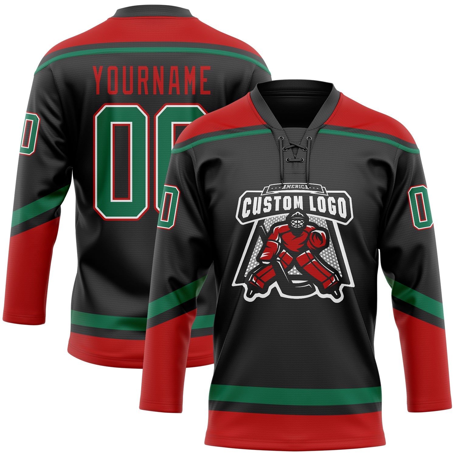 Custom Black Kelly Green-Red Hockey Lace Neck Jersey view 2