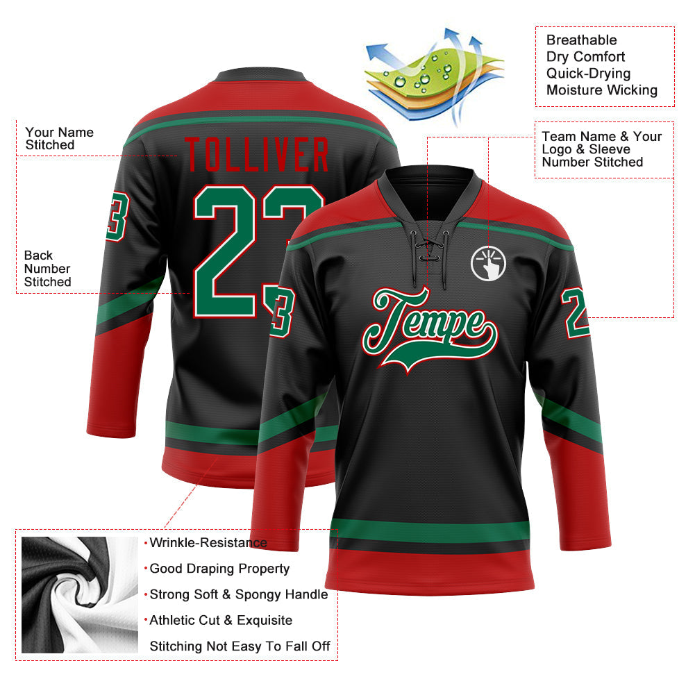 Custom Black Kelly Green-Red Hockey Lace Neck Jersey view 3