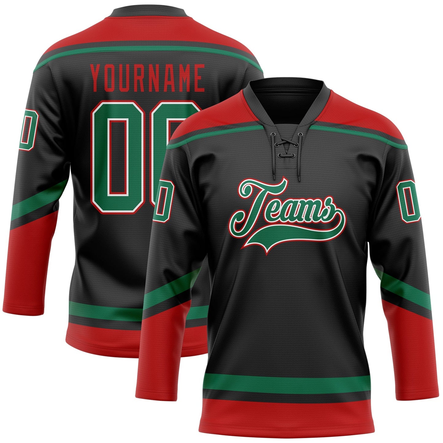 Custom Black Kelly Green-Red Hockey Lace Neck Jersey - Main View