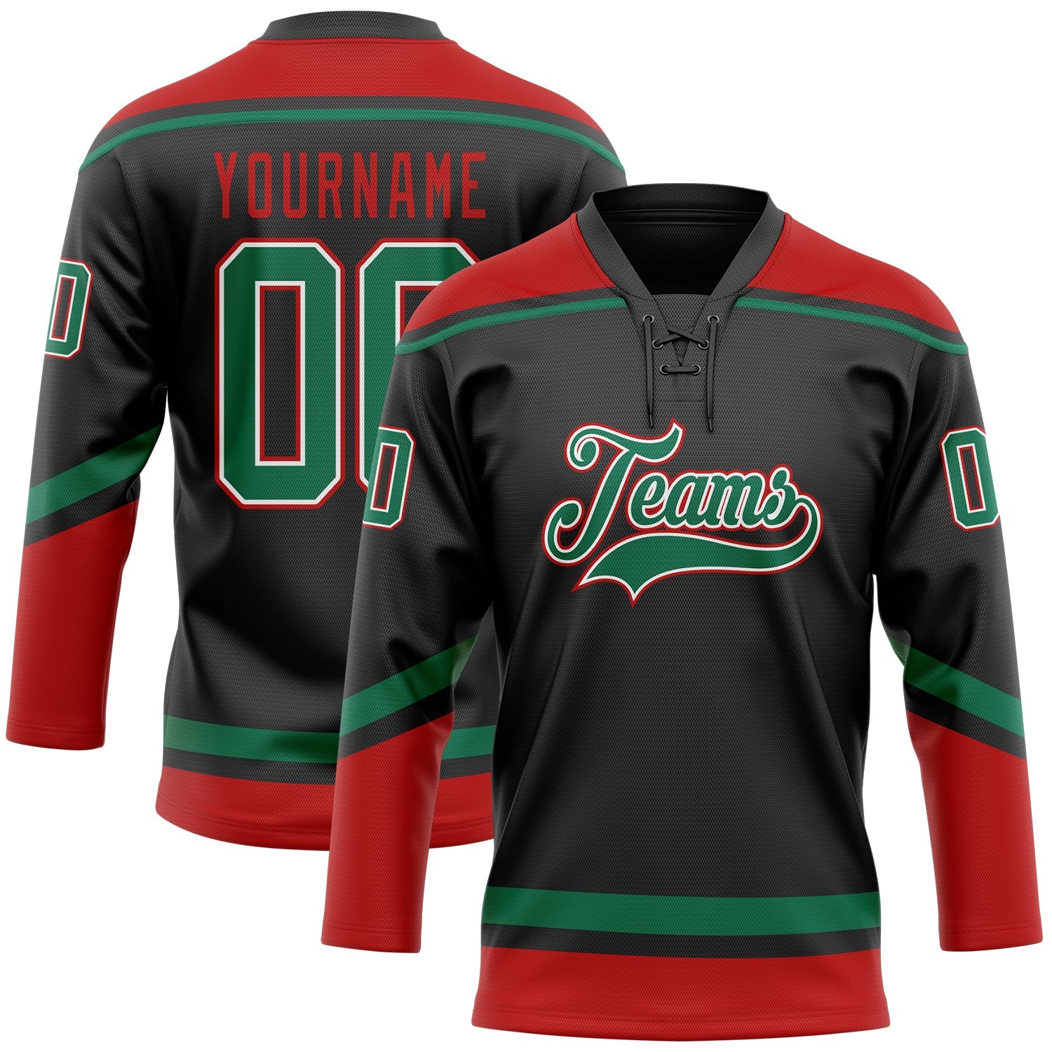 Custom Black Kelly Green-Red Hockey Lace Neck Jersey - Main View