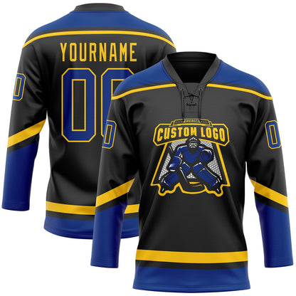 Custom Black Royal-Yellow Hockey Lace Neck Jersey view 2