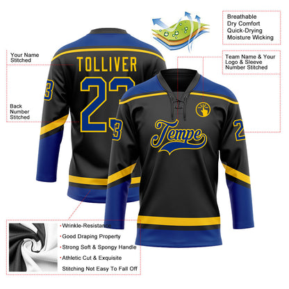 Custom Black Royal-Yellow Hockey Lace Neck Jersey view 3