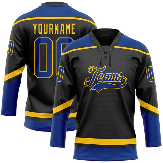 Custom Black Royal-Yellow Hockey Lace Neck Jersey - Main View