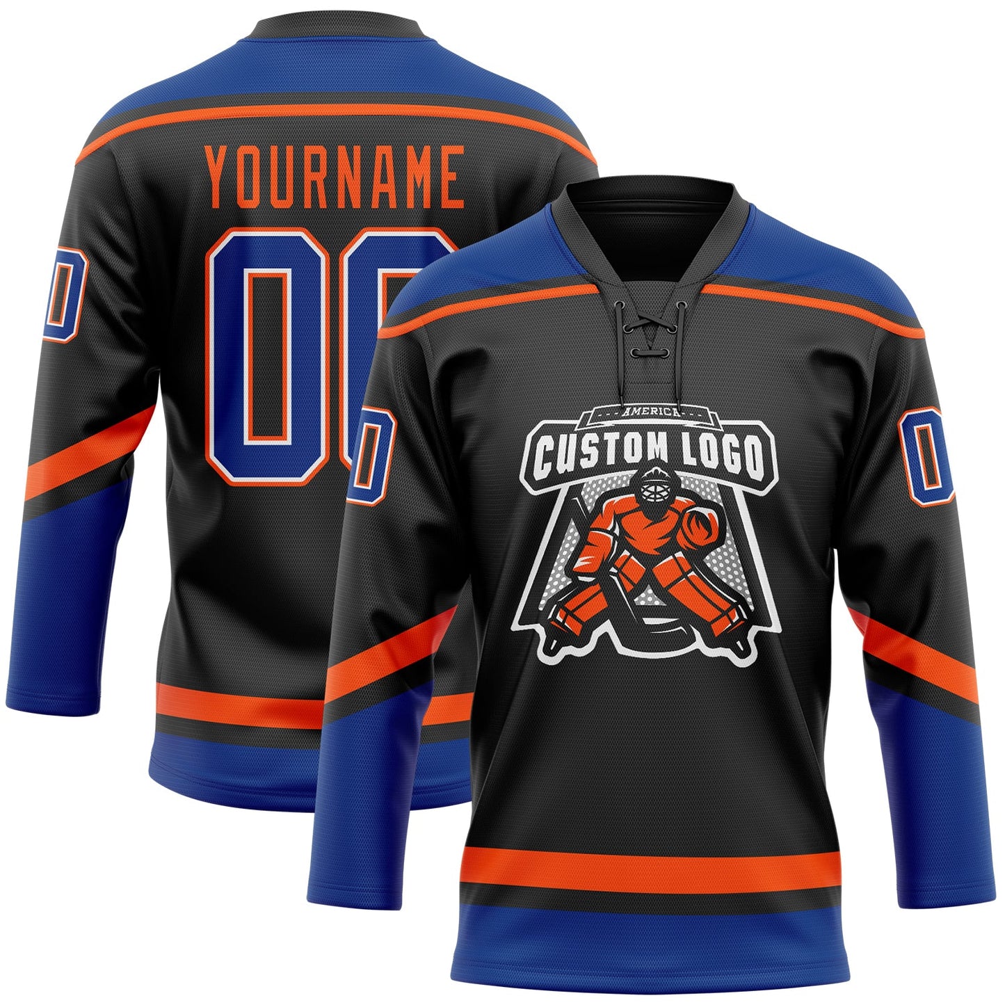 Custom Black Royal-Orange Hockey Lace Neck Jersey view 2